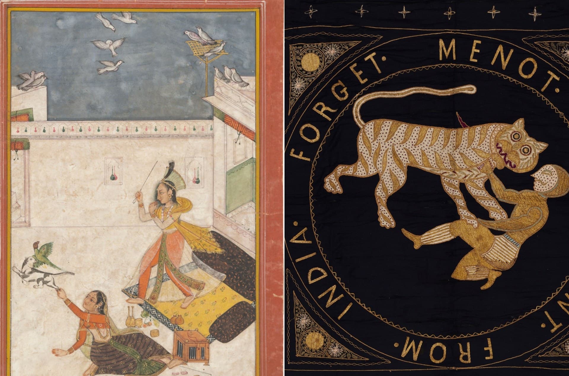 Two Ladies, a Cat and a Parrot in a Palace 18th century ( left) ; Wall Hanging Late 19th century (right)