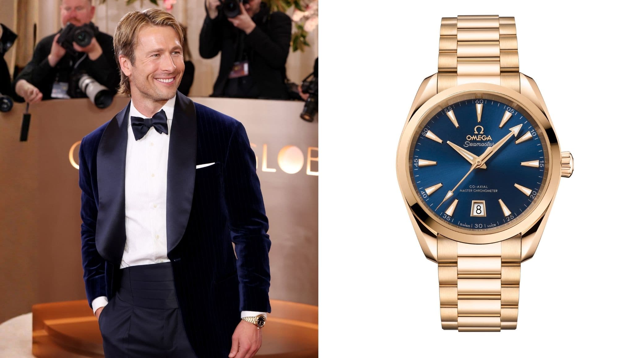 Glen Powell ; Omega Seamaster Aqua Terra 150M Moonshine Gold